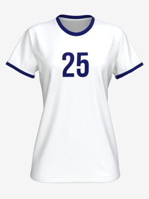 Custom sublimated classic white volleyball jersey with royal blue O-neck collar, sleeve trim, and player number