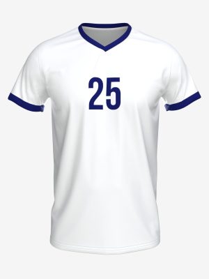 Custom sublimated classic white volleyball jersey with royal blue V-neck collar, sleeve trim, and player number