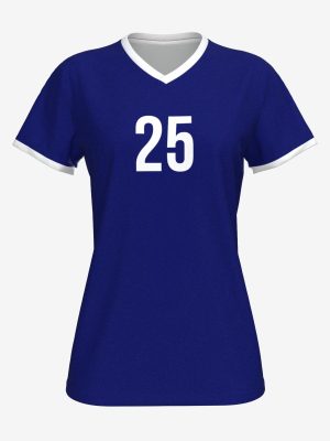 Custom sublimated classic royal blue volleyball jersey with white V-neck collar, sleeve trim, and player number