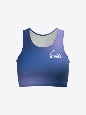 Violeta un zilā toņu sporta krūšturis ar Sporta kluba Ziemeļpols logotipu uz krūtīm.