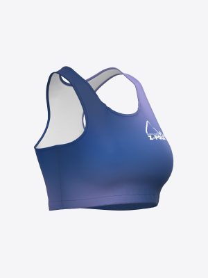 Violeta un zilā toņu sporta krūšturis ar Sporta kluba Ziemeļpols logotipu uz krūtīm.