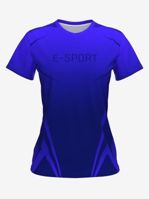 Custom sublimated men's short-sleeve esports jersey mock-up with E-SPORT text across the chest and dynamic blue graphic accents on a plain background.