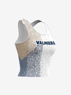 Sieviešu īsais sporta krekls (crop top) ar personalizētu Valmieras sporta skolas dizainu.