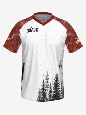 Custom sublimated orienteering jersey featuring durable nylon mesh fabric and a reinforced V-neck collar.