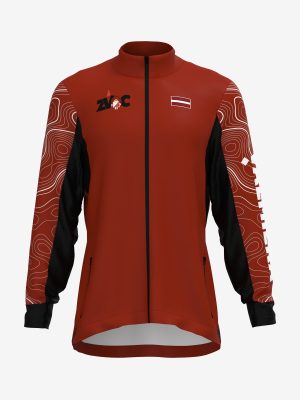 Custom sportswear performance cross country skiing softshell jacket with sublimation print design featuring the ZVOC logo.
