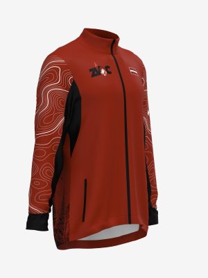 Custom sportswear performance cross country skiing softshell jacket with sublimation print design featuring the ZVOC logo.
