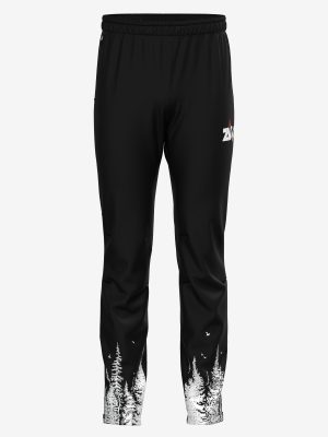 Black custom sportswear softshell trousers designed for ZVOC cross country skiing featuring a sublimation print layout.