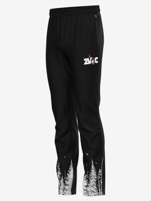 Black custom sportswear softshell trousers designed for ZVOC cross country skiing featuring a sublimation print layout.